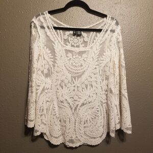 Ultra Flirt M Top Shirt Blouse Sheer Mesh Embroidered Cream Feminine Coquette